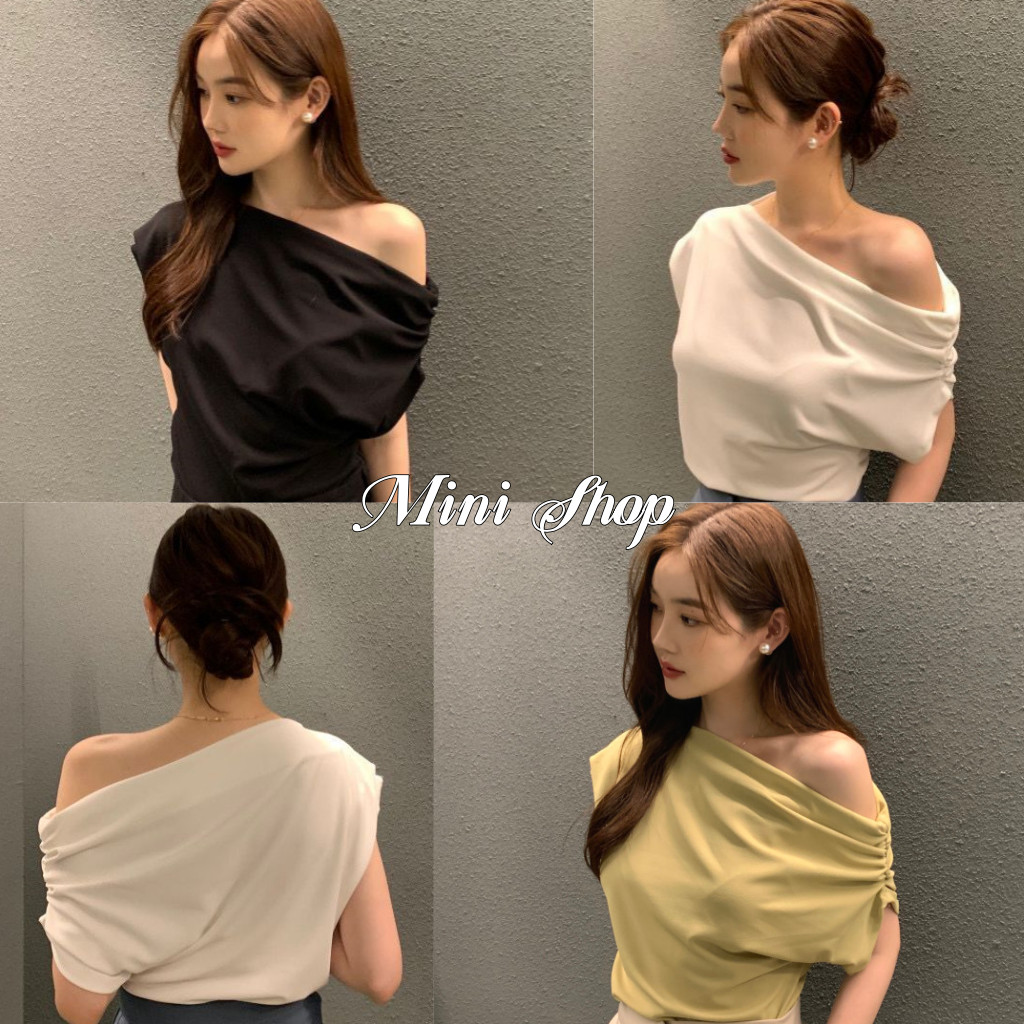 Mini shop🌸พร้อมส่ง🌸(FYP13) เสื้อเปิดไหล่แขนสั้น เรียบหรูสไตล์มินิมอล สไตล์เกาหลี