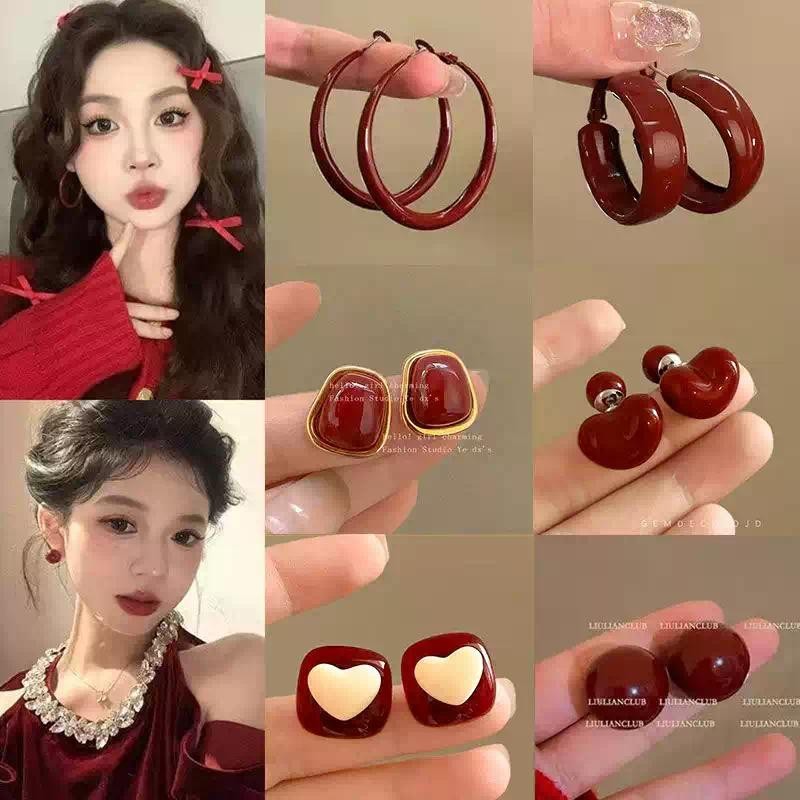 ฤดูใบไม้ร่วงฤดูหนาวต่างหูสีแดงหญิงฝรั่งเศสสไตล์ใหม่ต่างหูต่างหู