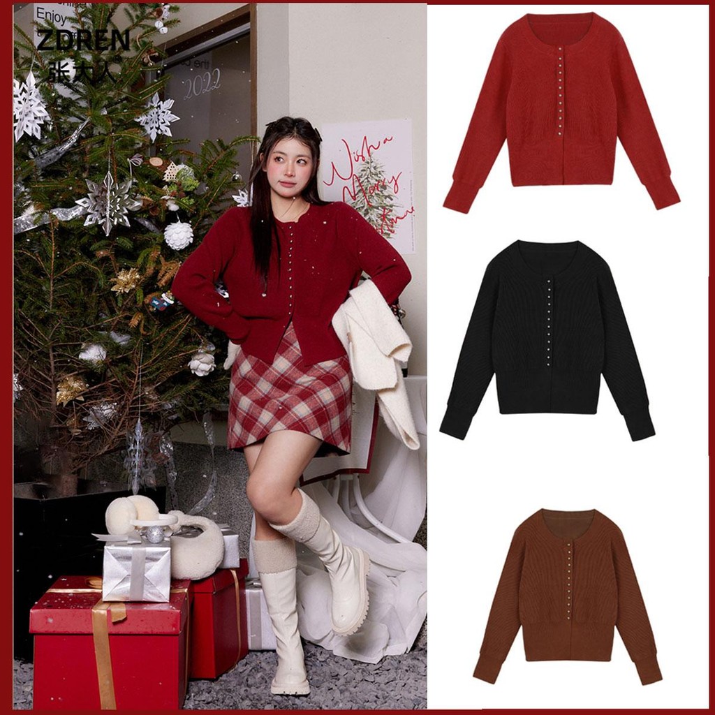 Dahong X025 เสื้อคาร์ดิแกนสีแดง เสื้อคลุมเเขนยาว ผ้าไหมพรม เเขนจั๊ม กระดุมหน้า ผ้าร่องทรงพอดี ใส่ได้ทุกฤดู