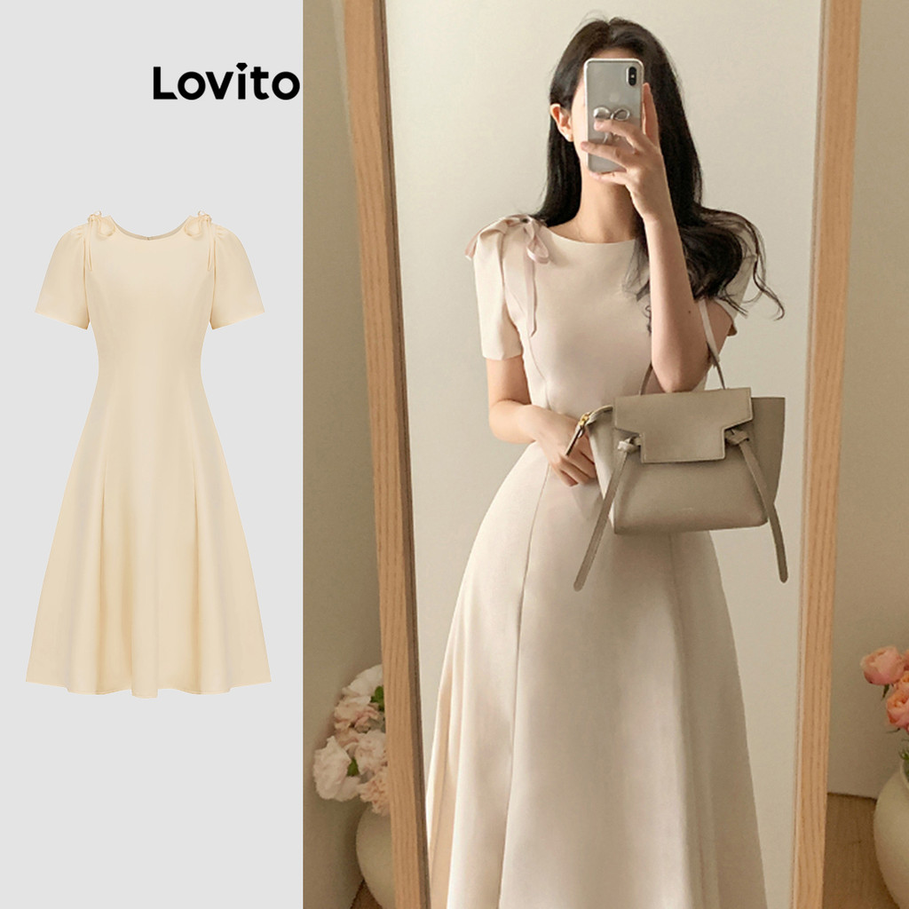 Lovito ชุดเดรสผู้หญิง แต่งโบว์ สีพื้น สไตล์ลำลอง L91AD333