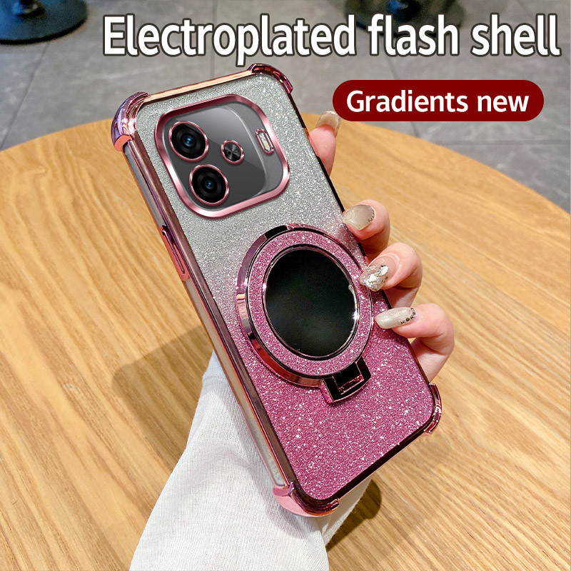 โทรศัพท์ฝาหลังสําหรับ Vivo iQOO Z9 Turbo Z9x Y200GT Ultra Glitter ชุบมุมกันกระแทกแหวนวงเล็บสีชมพูเงิ