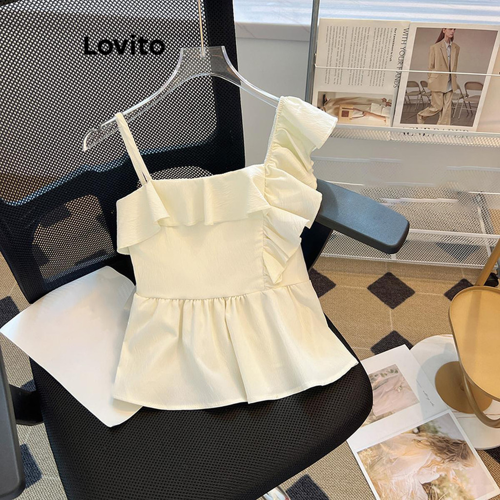Lovito เสื้อเบลาส์ผู้หญิง แต่งระบาย สีพื้น สไตล์ลำลอง LNE57256