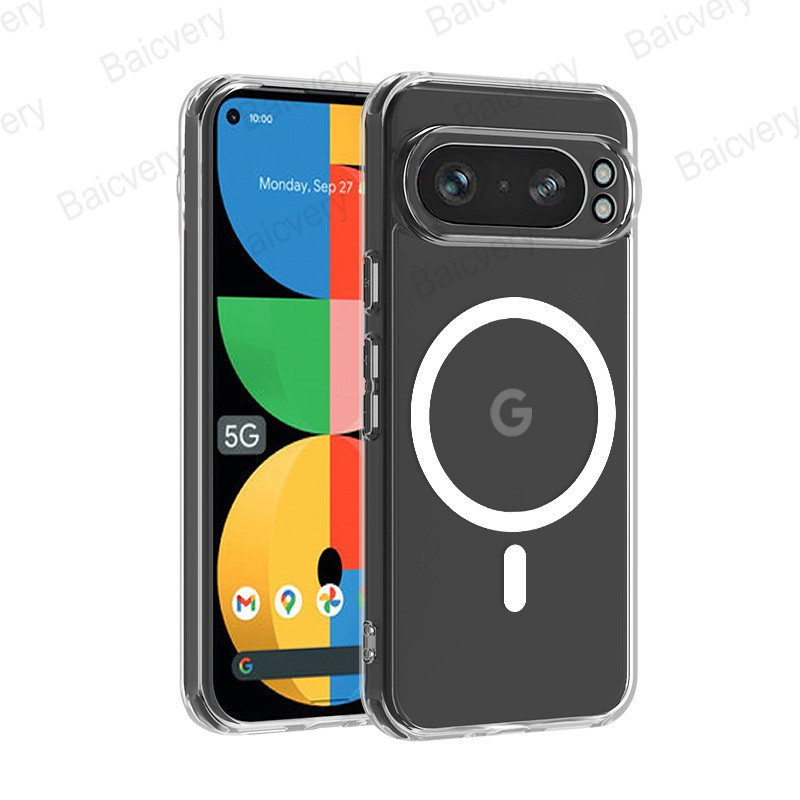 ปลอกสําหรับ Google Pixel 9 9A Pro XL GGX8B GZC4K GQ57S โปร่งใสใสนุ่ม TPU ฝาหลังด้วยสติกเกอร์แม่เหล็ก