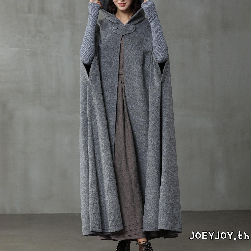 Joeyjoy-เสื้อคลุมทําด้วยผ้าขนสัตว์มีฮู้ดแบบยาวสําหรับผู้หญิงเสื้อปอนโชวินเทจสีทึบสําหรับฤดูหนาว