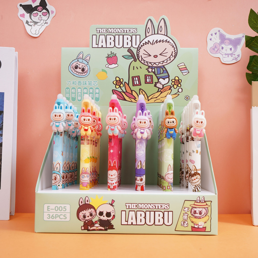 ปากกา LABUBU 6 ชิ้น ปากกาลบได้ คลิกปากกา กลิ่นหอม น่ารัก ดูดี ปากกาเจลสีน้ำเงิน