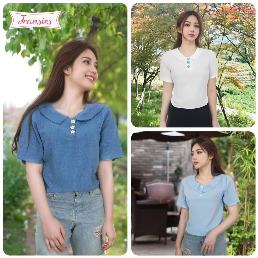 เสื้อเชิ้ตแขนสั้นคอปีกนก ดีไซน์เกาหลีสุดชิค