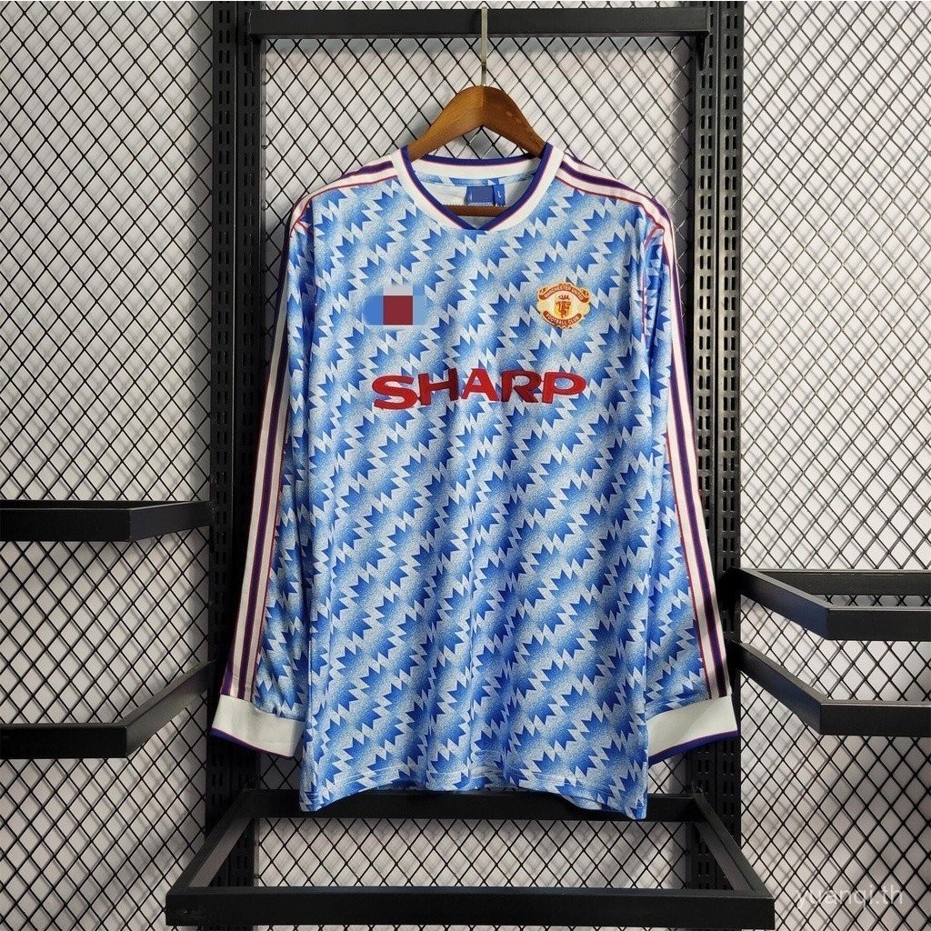 Retro 1990-92 Manchester United Away BLUE พิมพ์เสื้อกีฬาเสื้อยืด |