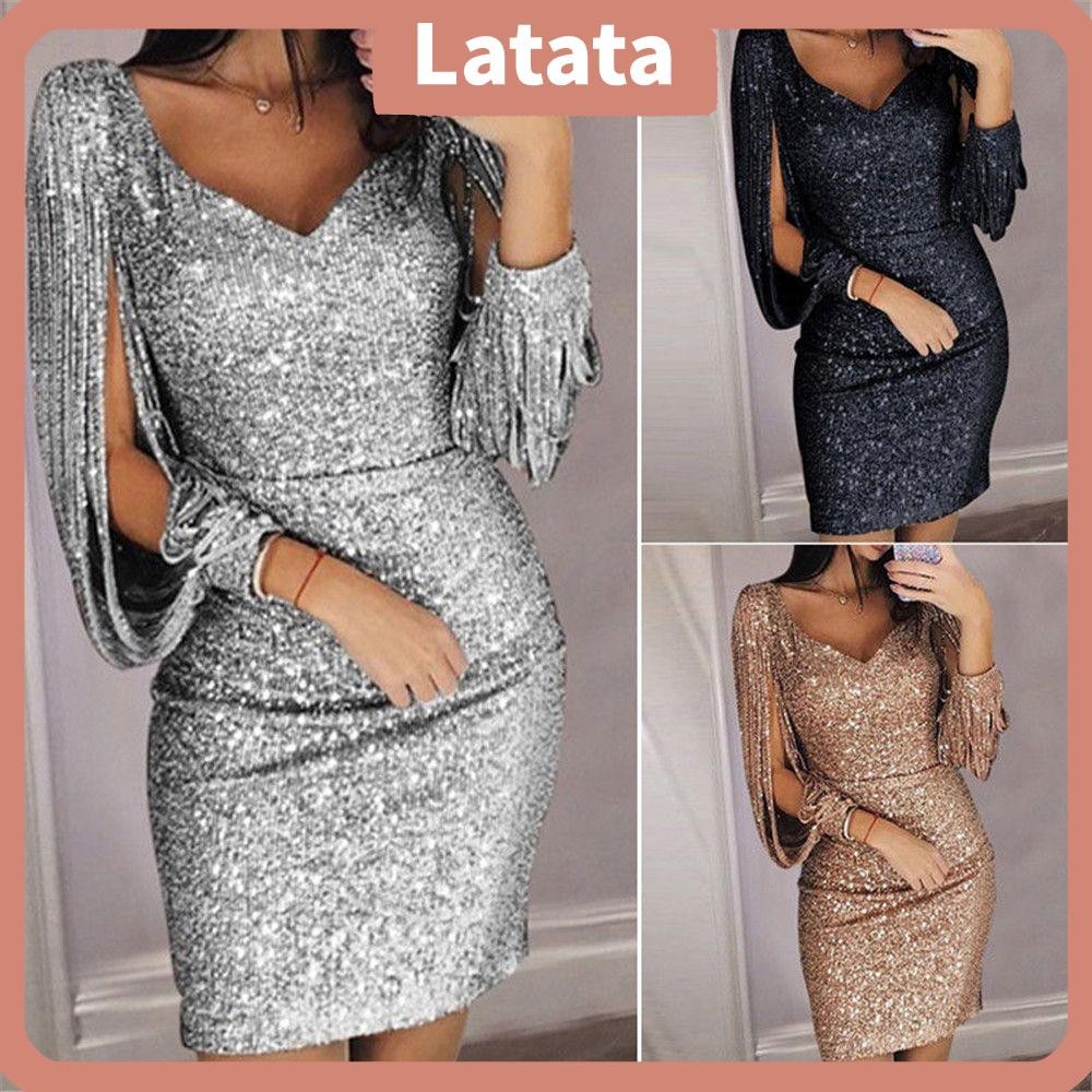 Lata ชุดเดรสพู่สุภาพสตรีแฟชั่นกลิตเตอร์คอวีค็อกเทลเลื่อมชุดเดรสทรงสลิม
