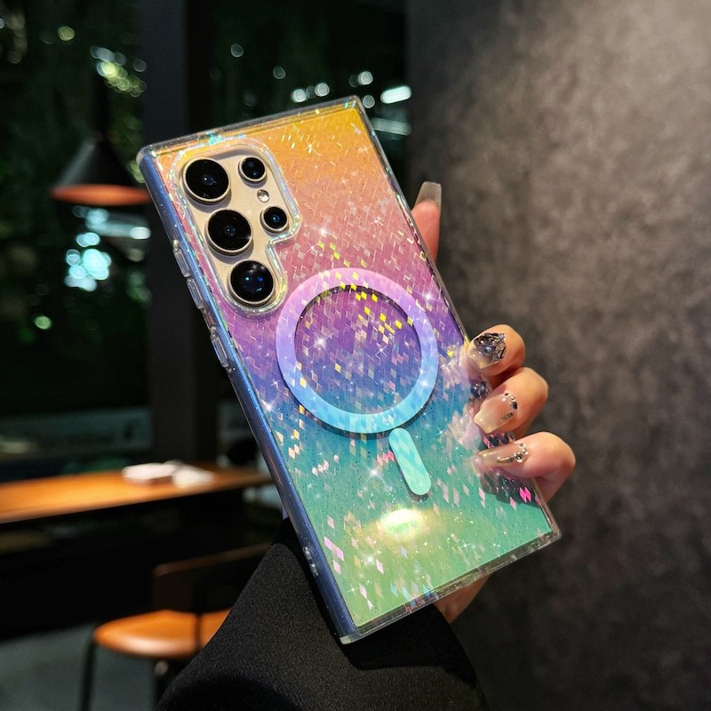 SAMSUNG Luxury Gradient Glitter Blingไร้สายชาร์จแม่เหล็กสําหรับSamsung Galaxy S25 S24 S23 S22 FE Plus Ultra Clearปกหลัง