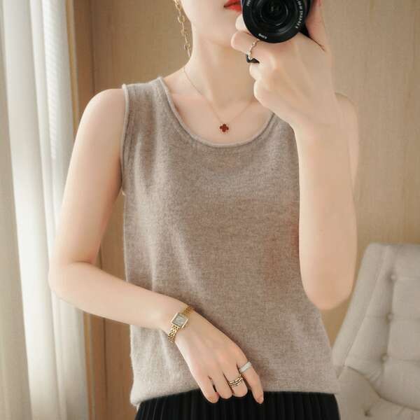 เสื้อกล้าม สายเดี่ยว เสื้อคลุมแคชเมียร์ฤดูใบไม้ร่วงและฤดูหนาว, เสื้อเชิ้ตฐานถักผ้าขนสัตว์แขนกุด, เสื้อกั๊กขนาดเล็กอเนกประสงค์ผู้หญิง, เสื้อกั๊กหลวมเลียนแบบ Han