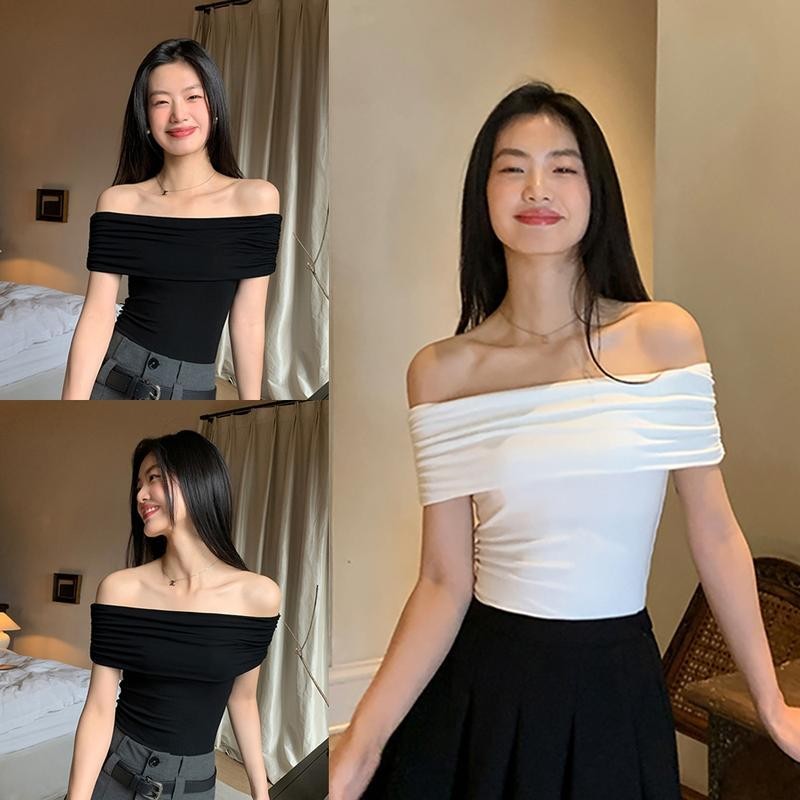 เสื้อครอปเปิดไหล่ผู้หญิง สีดำ สีขาว แฟชั่น เซ็กซี่ ร้อน สไตล์สาวฮอตLady Clothing Women