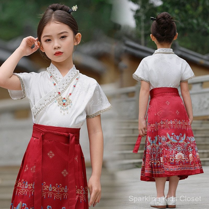 ชุดฮั่นฟู่สำหรับเด็กผู้หญิง CNY ชุดจีนสำหรับเด็กกระโปรงหน้าม้าสำหรับเด็กผู้หญิงสไตล์จีนชุดถังแบบราชวงศ์หมิงชุดการแสดงชุดฮั่นฟู่สไตล์โบราณสำหรับฤดูร้อนชุดบาง