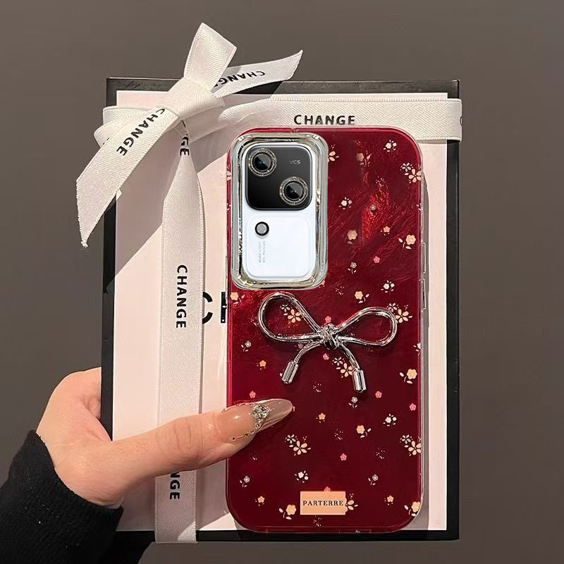 Case สำหรับ VIVO V40 5กรัม V30 V29 V27 V23ฮาร์ดปลอกด้วยฟิล์มปกป้อง Y77เงินโบว์ผูกอบอุ่นสีแดง warmwinter S Hine สาวสำหรับ VIVO Y36 5กรัม X70 X80 X90 5กรัม