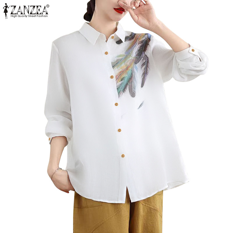 ZANZEA ใส่ ซานเซีย ผู้หญิงเกาหลีที่สง่างามที่เรียบง่ายพิมพ์ขนนกหลวมแขนยาวเสื้อเย็บปะติดปะต่อกัน
