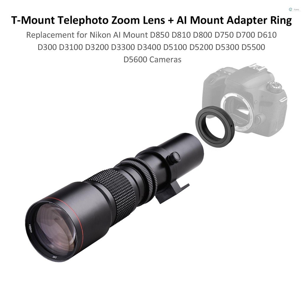 กล้อง Super Telephoto เลนส์ 500 มม.F/8.0-32 ซูมแบบแมนนวล T-Mount + 2X 500 มม. เลนส์ Teleconverter + T2-AI อะแดปเตอร์แหวนเปลี่ยนสําหรับ D850 D810 D800 D750 D700 D610 D300 D3100 D3200 D3