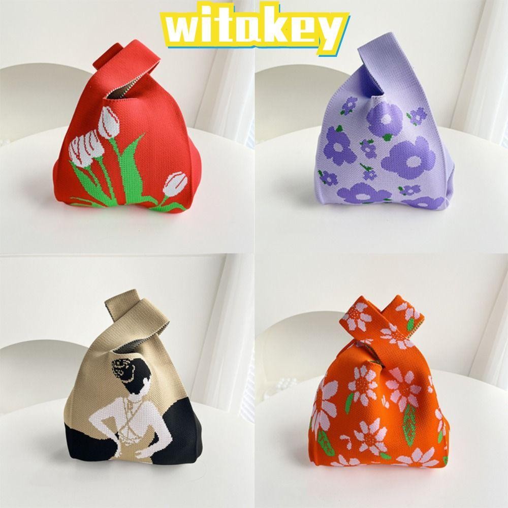 กระเป๋าถือถัก WITAKEY, กระเป๋าข้อมือปมการ์ตูนความจุสูง, กระเป๋าถักแบบนํากลับมาใช้ใหม่ได้นักเรียน