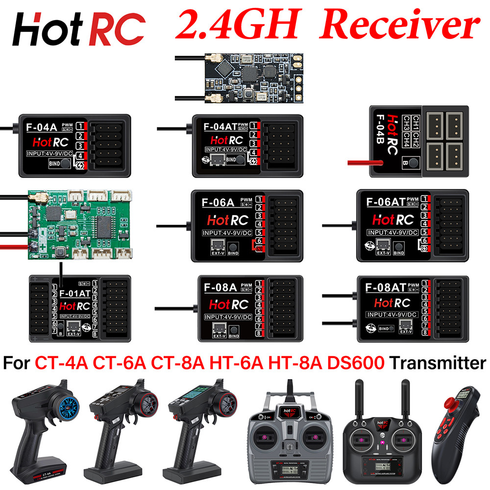 HotRC 4/5/6/8CH RC ตัวรับสัญญาณ 2.4GHz หลายช่องตัวรับสัญญาณ Gyro Long Range สําหรับ CT-4A CT-6A CT-8