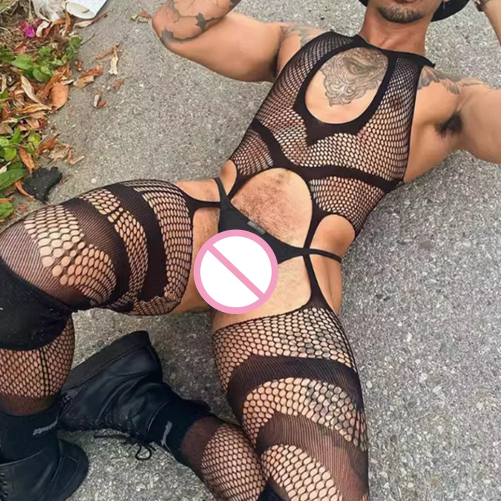 ผู้ชายเซ็กซี่ชุดชั้นใน Exotic Fishnet Bodystocking Jumpsuit ตาข่ายสุทธิดูผ่านบอดี้สูทแขนยาวเกย์ชุดนอน Club Wear