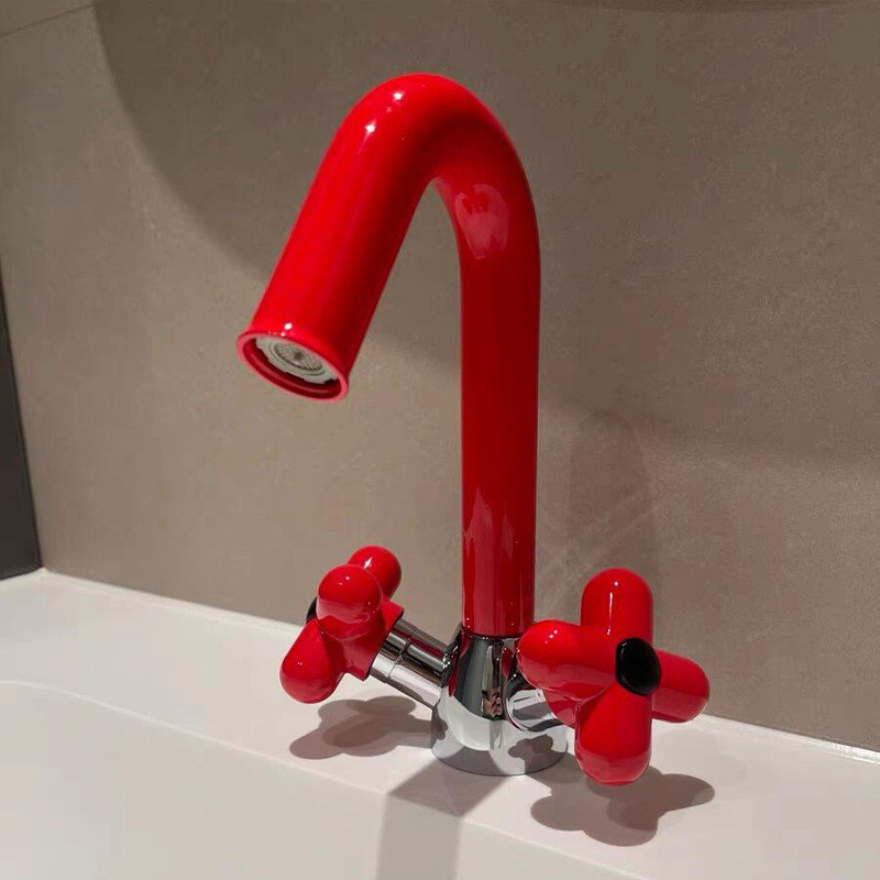 Candy-สีอ่างล้างหน้าก๊อกน้ําน่ารักสีแดงแยก Double-Hole Tap ทองแดงเต็มร้อนน้ําเย็นแตะสําหรับห้องน้ํา Vanity Undercounter Sink