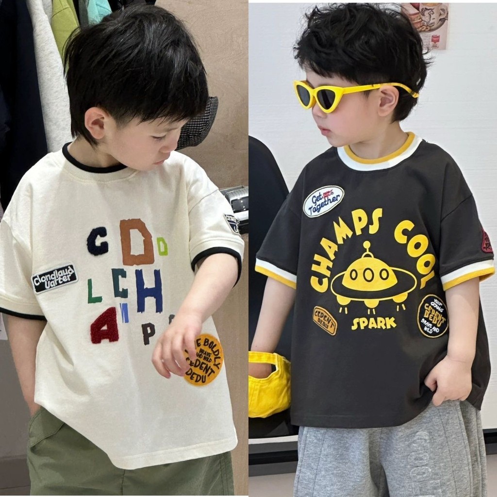 เสื้อยืดเด็กชายเกลียวฤดูร้อนผ้าฝ้ายแท้สไตล์ใหม่เด็กเสื้อแขนสั้นด้านบน