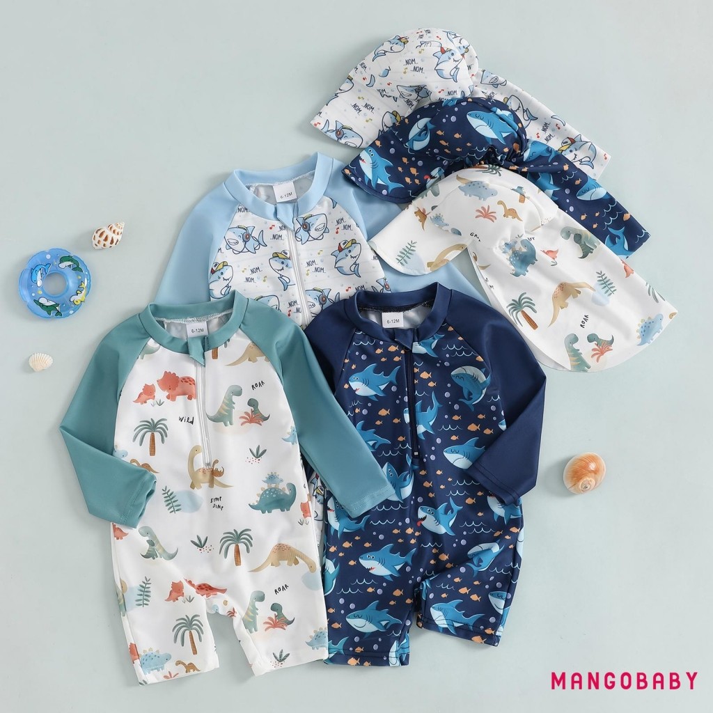 MG-Toddler Boys Rash Guard ชุดว่ายน้ําไดโนเสาร์/Shark พิมพ์แขนยาวซิปชุดว่ายน้ําพร้อมหมวกว่ายน้ํา