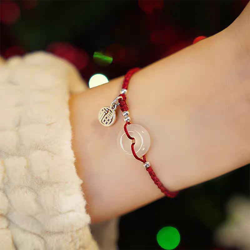 โชคลาภเต็มไปด้วยหยกอาเกตสีขาว ฟู ยี่ห้อปลอดภัยหัวเข็มขัดสร้อยข้อมือเชือกสีแดง หญิงปีนี้ทอมือเชือกแฟนคนรัก - รูปที่ 5