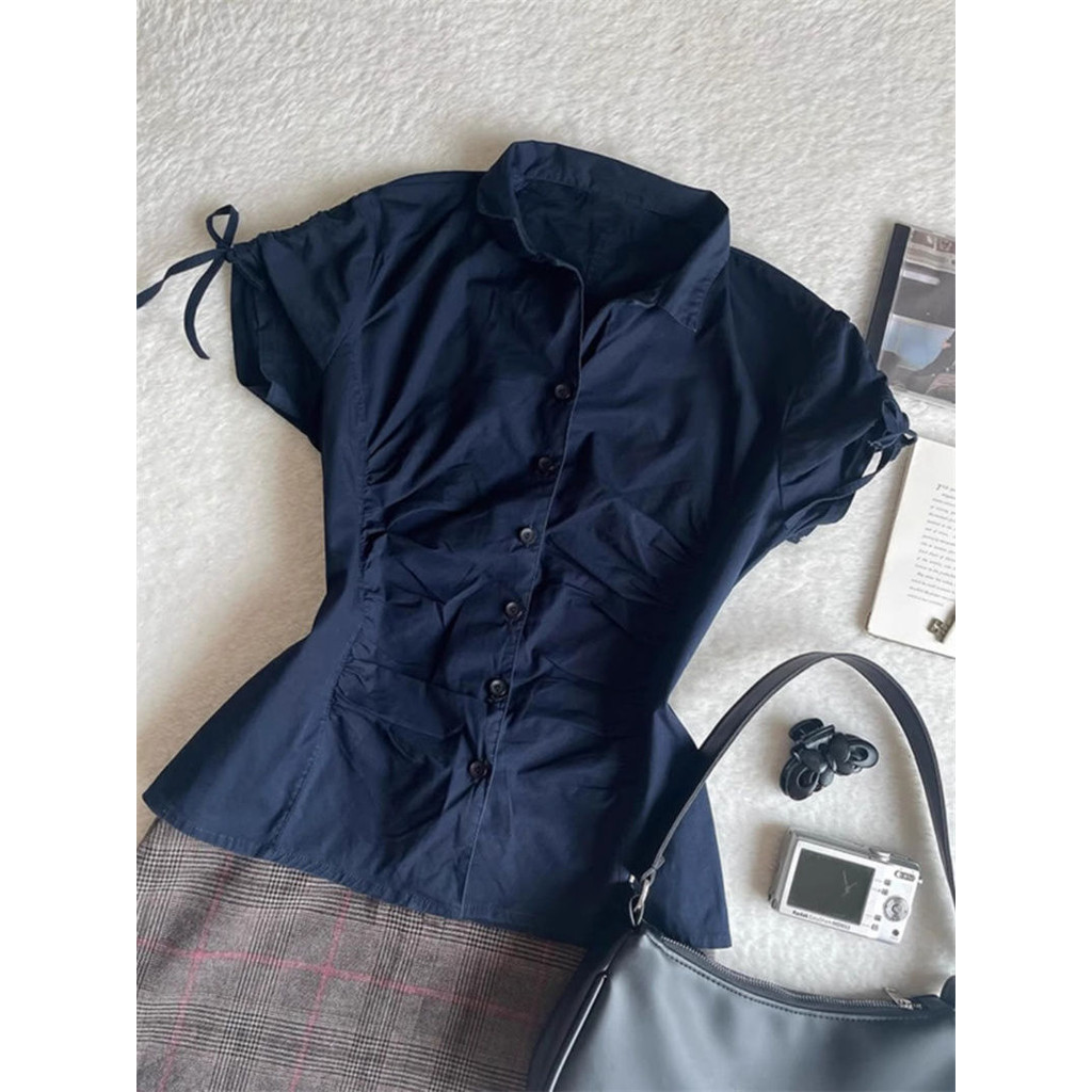 เสื้อเชิ้ตแขนสั้นวินเทจอินเทรนด์ฤดูร้อนของผู้หญิงสลิมฟิตพลัสขนาดท็อปส์