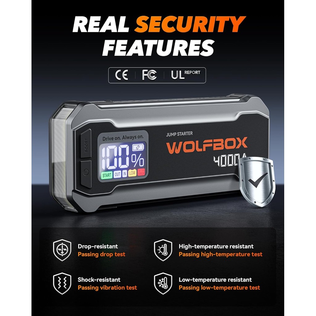 WOLFBOX 4000A 12V Car Jump Starter – ชุดแบตเตอรี่ 24000mAh สําหรับเครื่องยนต์แก๊สและดีเซล 10L, เครื่องชาร์จด่วน 65W, จอแสดงผล LED, บูสเตอร์, ไฟ LED, รวมสายเคเบิลจัมเปอร์แบบพกพา - รูปที่ 6