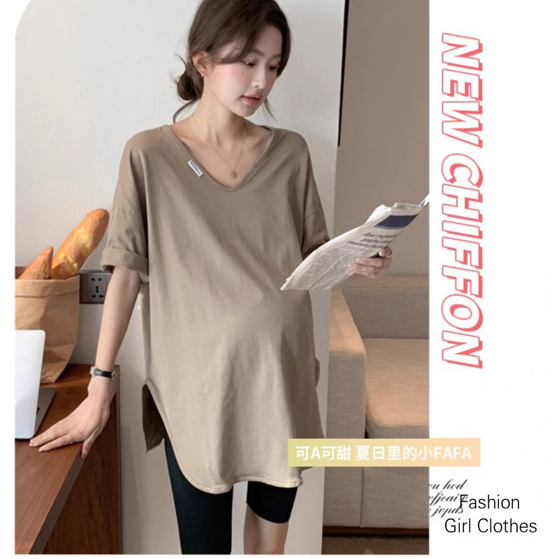 [4 สี] คอวีคลอดบุตรด้านบนตั้งครรภ์เสื้อยืดฤดูร้อนอารมณ์สบายๆหลวมขนาดใหญ่คลอดบุตร เรา - รูปที่ 7