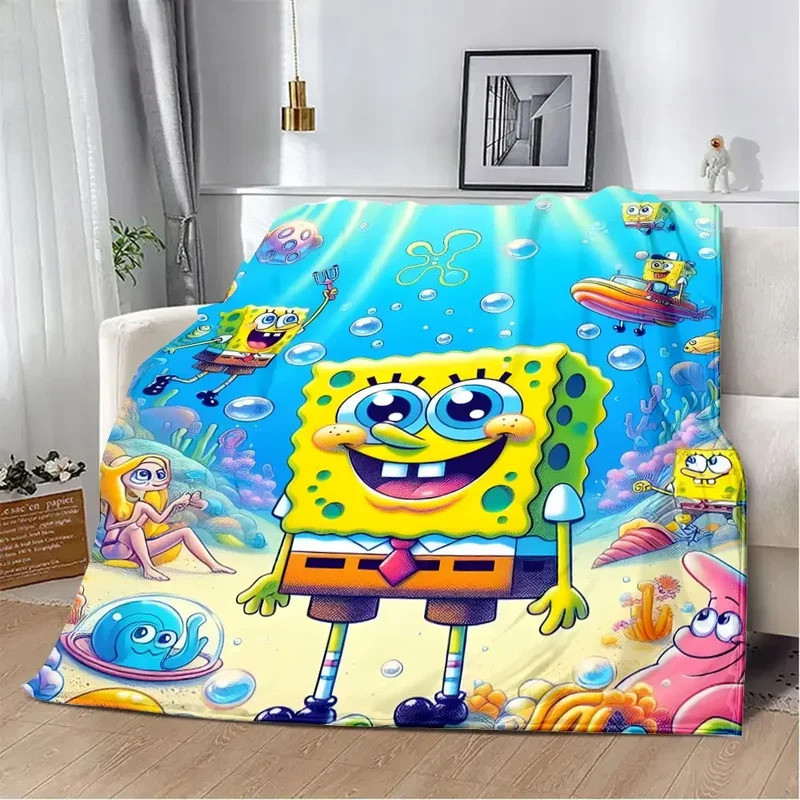 ผ้าห่มพิมพ์การ์ตูน S-Spongebob ผ้าห่มปิกนิก ผ้าห่มอุ่น ผ้าห่มนุ่มสบาย ของขวัญวันเกิดสำหรับบ้านและเดินทาง
