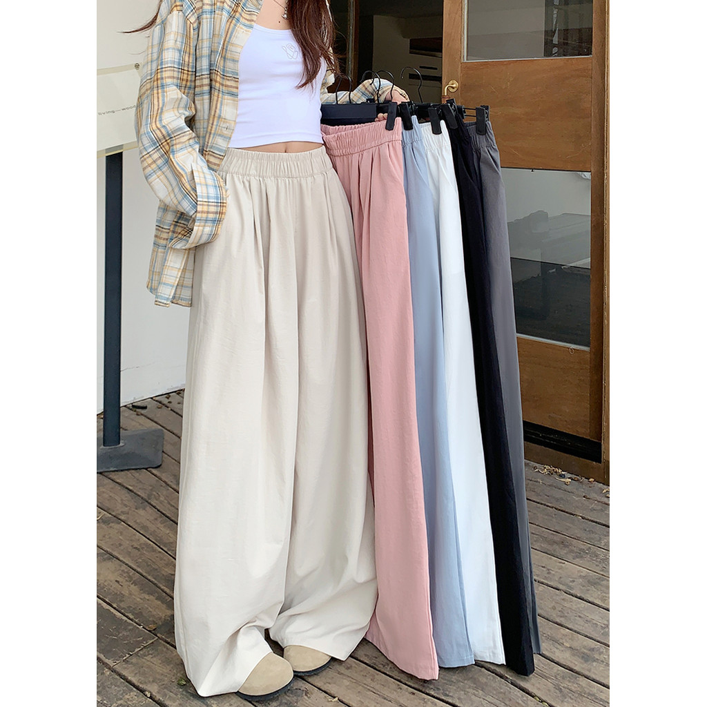 Dahong 🔥กางเกงขายาวแฟชั่น สีพื้น เอวสูง กางเกงขากว้วง กางเกงขายาวลําลอง ผ้าบางๆ ส่สบาย พร้อมส่ง 99071