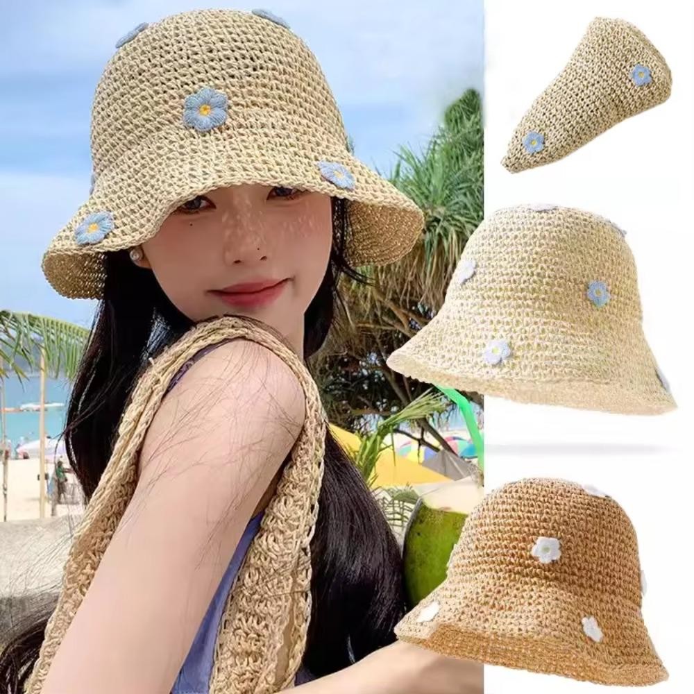 👒THETEAI หมวกฟาง, ดอกไม้เล็กๆแบบพับได้หมวกปานามา, กันแดดระบายอากาศหวานป้องกันรังสียูวีหมวกชาวประมงชายหาด