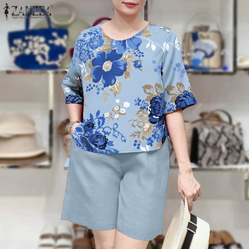 ZANZEA ซานเซีย ผู้หญิงแฟชั่นเกาหลีเสื้อลําลองคอวี 5/3 แขนกางเกงขากว้างกางเกงขาสั้นชุดสองชิ้น - รูปที่ 3