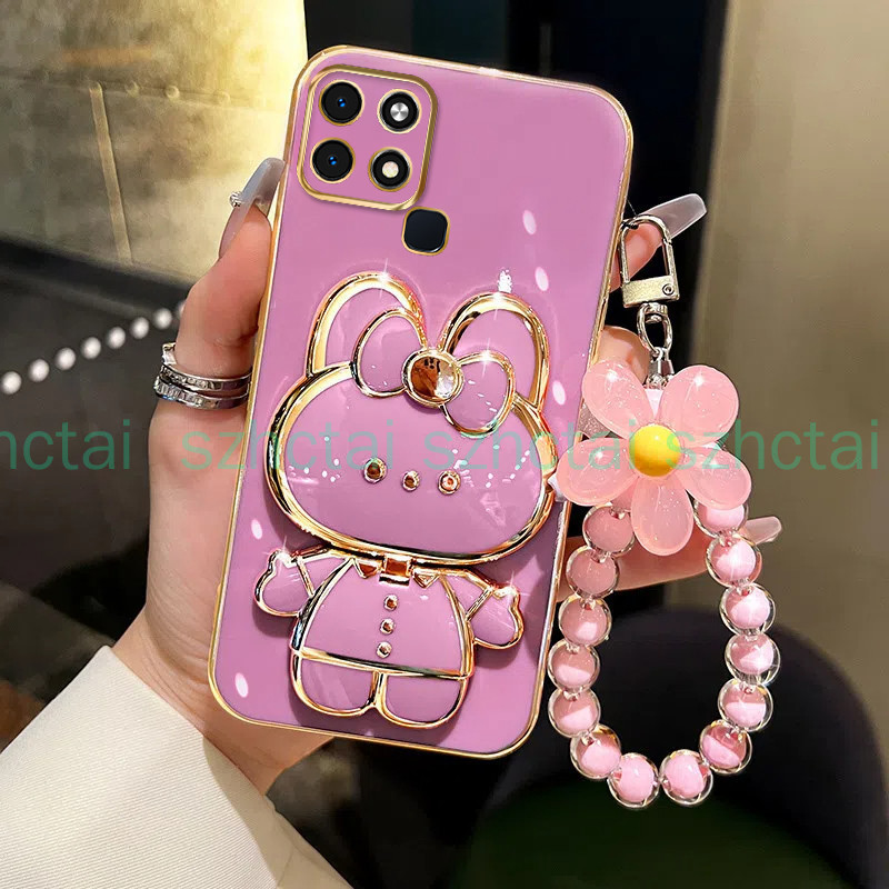 ปลอก infinix SMART 6 SMART 6 HD เคสโทรศัพท์ TPU 3D กระต่ายเครื่องสําอางกระจกแต่งหน้าขาตั้ง Ultra Thin Electroplated Soft Case Shock Protection Case พร้อมสร้อยข้อมือ – โปรปัง