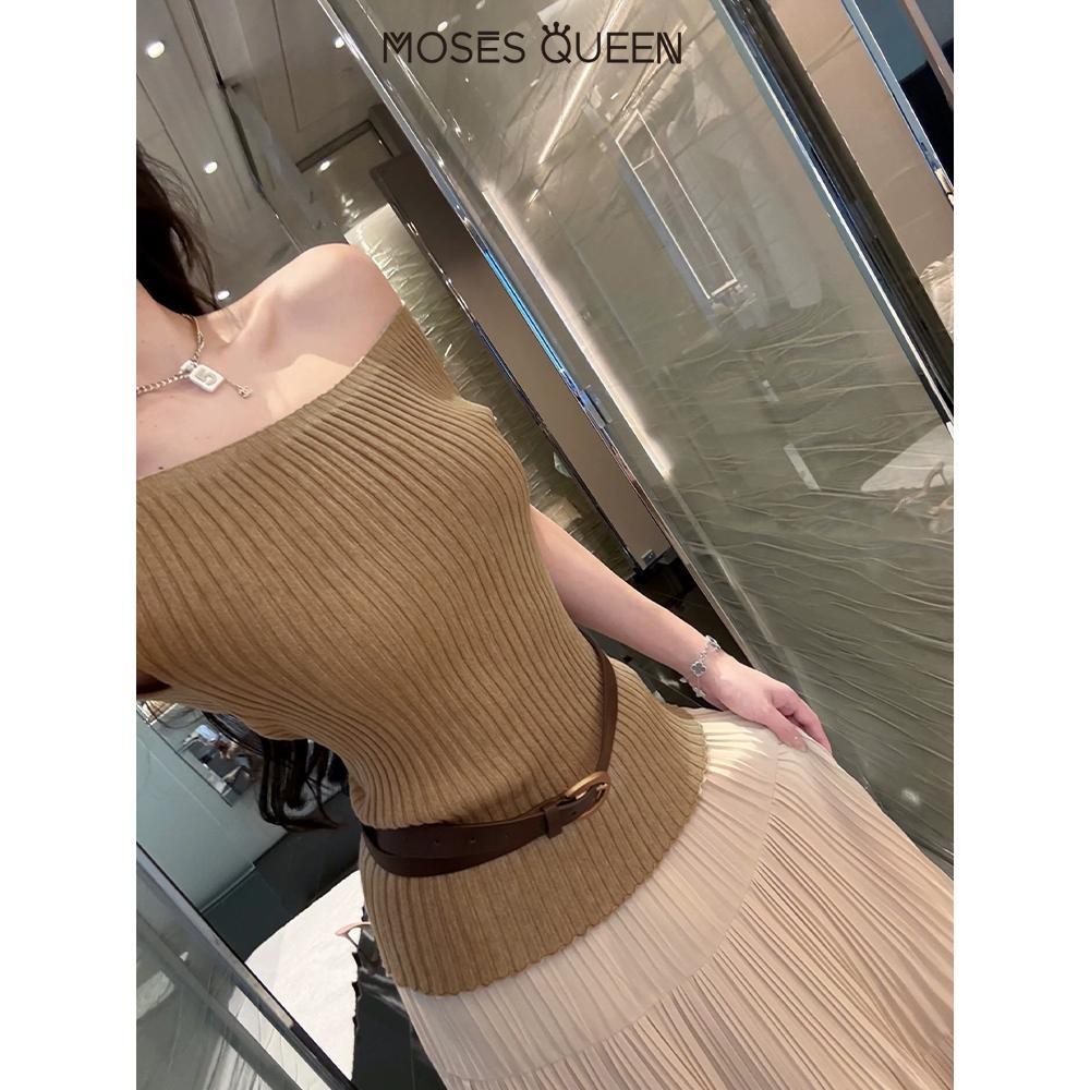 MOSESQUEEN  เซ็กซี่ไหล่ถักแขนสั้นดีไซน์ใหม่เสื้อยืดทรงสลิม #59819