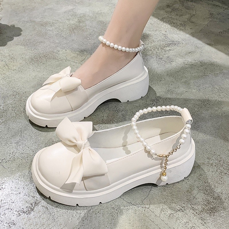 SN6 Ladies White Leather Shoes Pearls Mary Jane Shoes