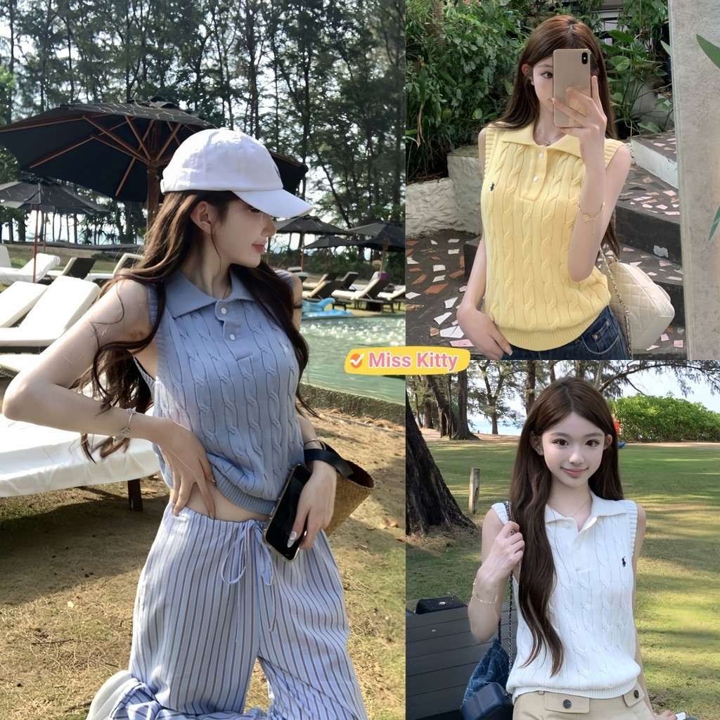 🎀Miss Kitty❤️พร้อมส่ง เสื้อกล้ามไหมพรม คอปก สไตล์เกาหลี สีพาสเทลใส่ง่าย "W-J074"