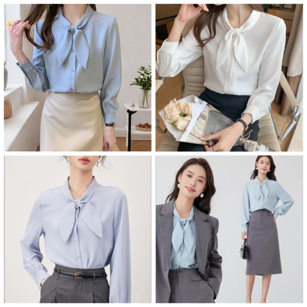 เสื้อโบว์ผู้หญิงความรู้สึกออกแบบโพรงเสื้อเชิ้ตผ้าชีฟองระดับสูงของผู้หญิงเสื้อผ้าผู้หญิงปกขาวที่มีขนาดใหญ่ทำให้คุณดูผอม