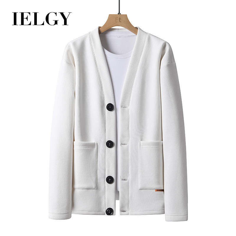 IELGY เสื้อกันหนาวคอวีขนาดบวกเสื้อผ้าผู้ชายสีทึบ