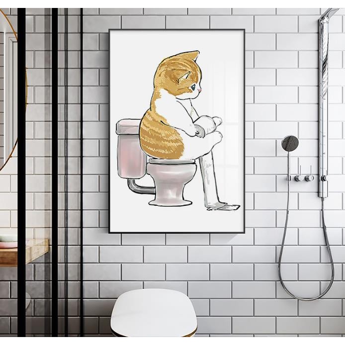 (พร้อมกรอบ) ห้องน้ําภาพวาดผ้าใบที่ทันสมัยเรียบง่ายน่ารักการ์ตูนสัตว์แมวสัตว์เลี้ยงห้องน้ําภาพพิมพ์ - รูปที่ 2