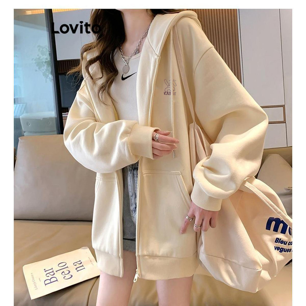 Lovito เสื้อแจ็กเก็ตลําลอง มีฮู้ด มีซิป ลายการ์ตูน สําหรับผู้หญิง LNA38246 (แอปริคอท/เทาอ่อน)
