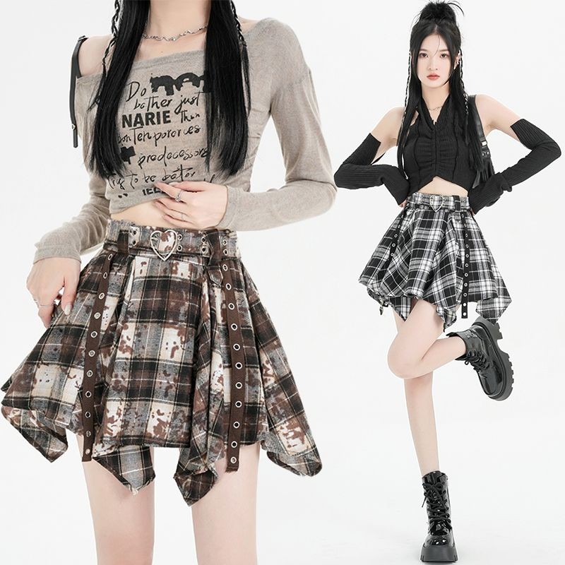 X-orange Retro Distressed กระโปรงจีบไม่สม่ําเสมอ Contrast สีลายสก๊อต A-Line กระโปรงฤดูใบไม้ผลิฤดูร้อนสไตล์ใหม่สบายๆเสื้อผ้าผู้หญิง