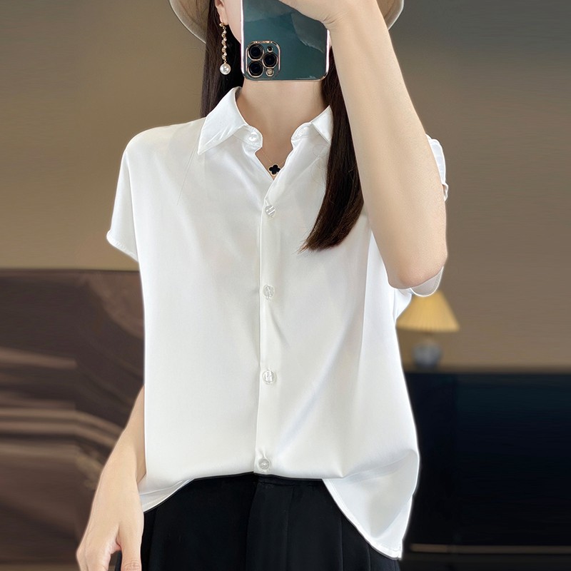 เสื้อยืดแขนสั้นผ้าไหมระดับไฮเอนด์เสื้อเชิ้ตความรู้สึกระดับไฮเอนด์ฤดูร้อนผ้าไหมหม่อนอะซิเตทsa