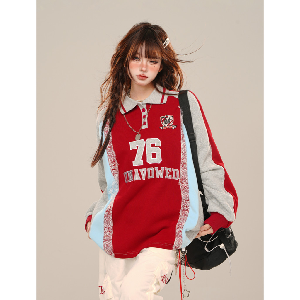 American Lace Sweatshirt ผู้หญิงต้นฤดูใบไม้ร่วงสไตล์ใหม่หลวม POLO Collar กีฬา Top ins อินเทรนด์