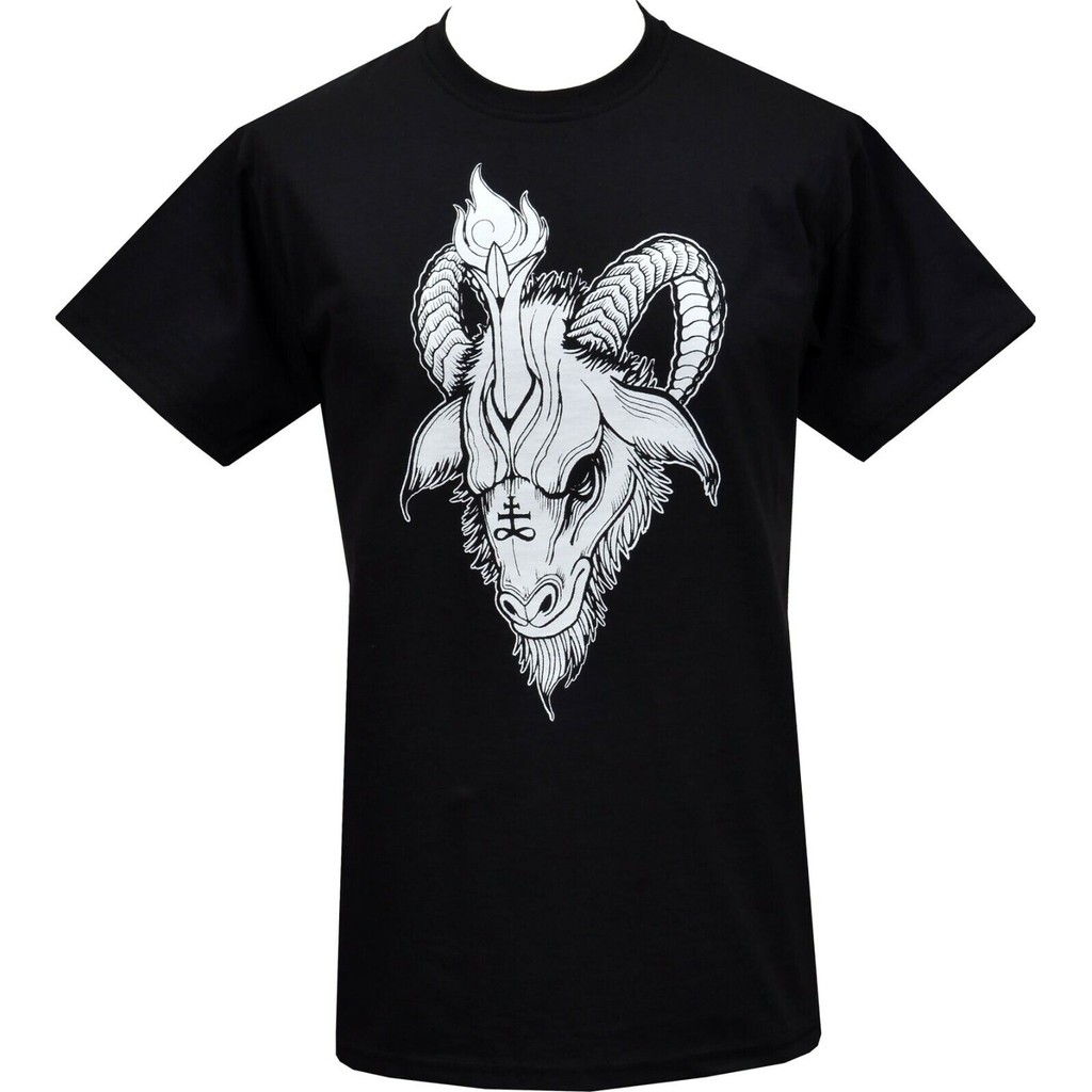 เสื้อยืดบุรุษ Baphomet Pentagram Top Satan Church Of Satan Goat Goth