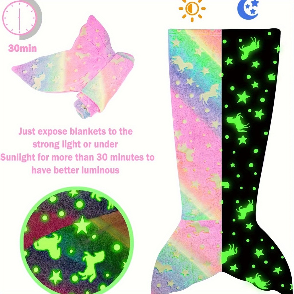 ซอฟท์เรืองแสงใน Dark Flannel Mermaid Tail ผ้าห่มของขวัญสําหรับสาวการ์ตูน Rainbow Unicorn Mermaid Tail ผ้าห่ม Super