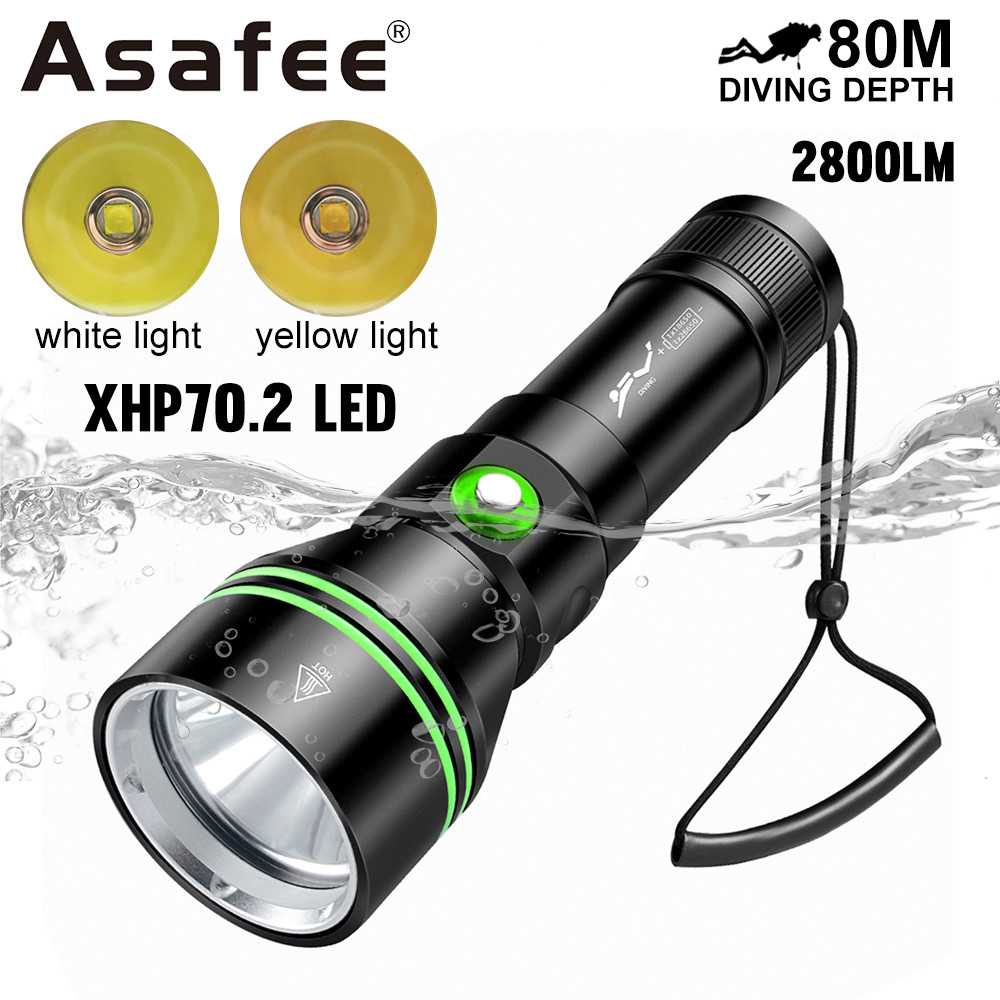 Asafee DV79 2800LM ไฟฉายดําน้ําความสว่างสูงไฟฉายดําน้ํา 30W XHP70.2 ไฟ LED ดําน้ําลึก 80M IPX8 กันน้