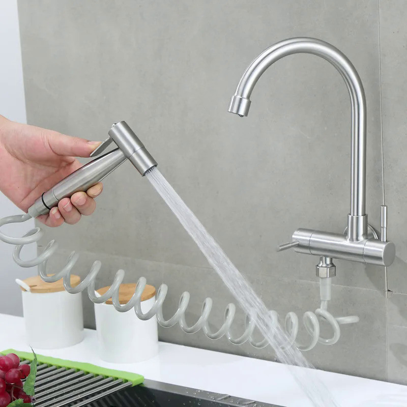 304 Stainless Steel Kitchen Faucet Wall Mounted Double Handle Single Cold Water Tap Sprayer Bidet No