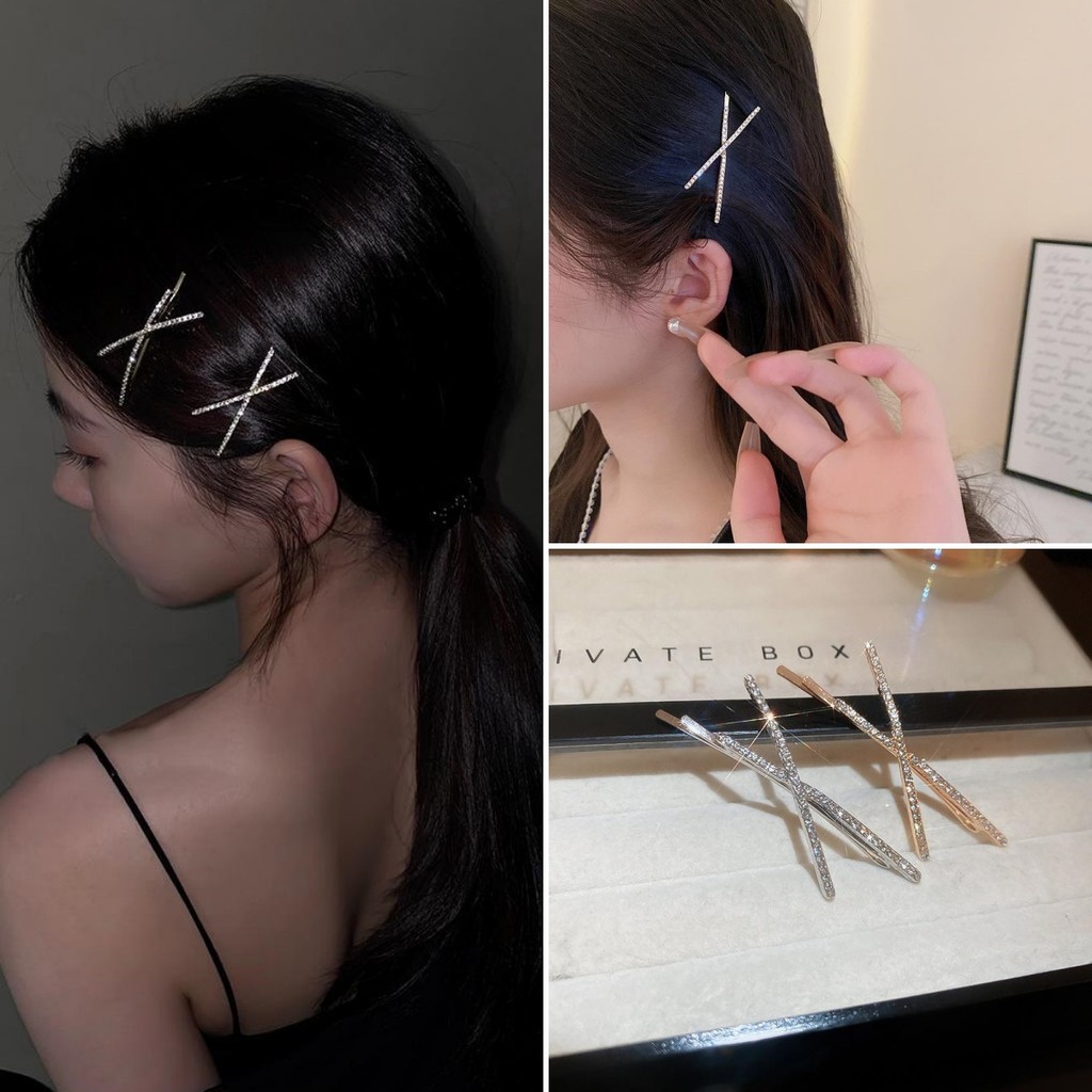 Mh แฟชั่น Rhine-drill Cross One Line Clip กิ๊บติดผมอารมณ์เพชรเต็มรูปแบบสําหรับของขวัญผู้หญิง