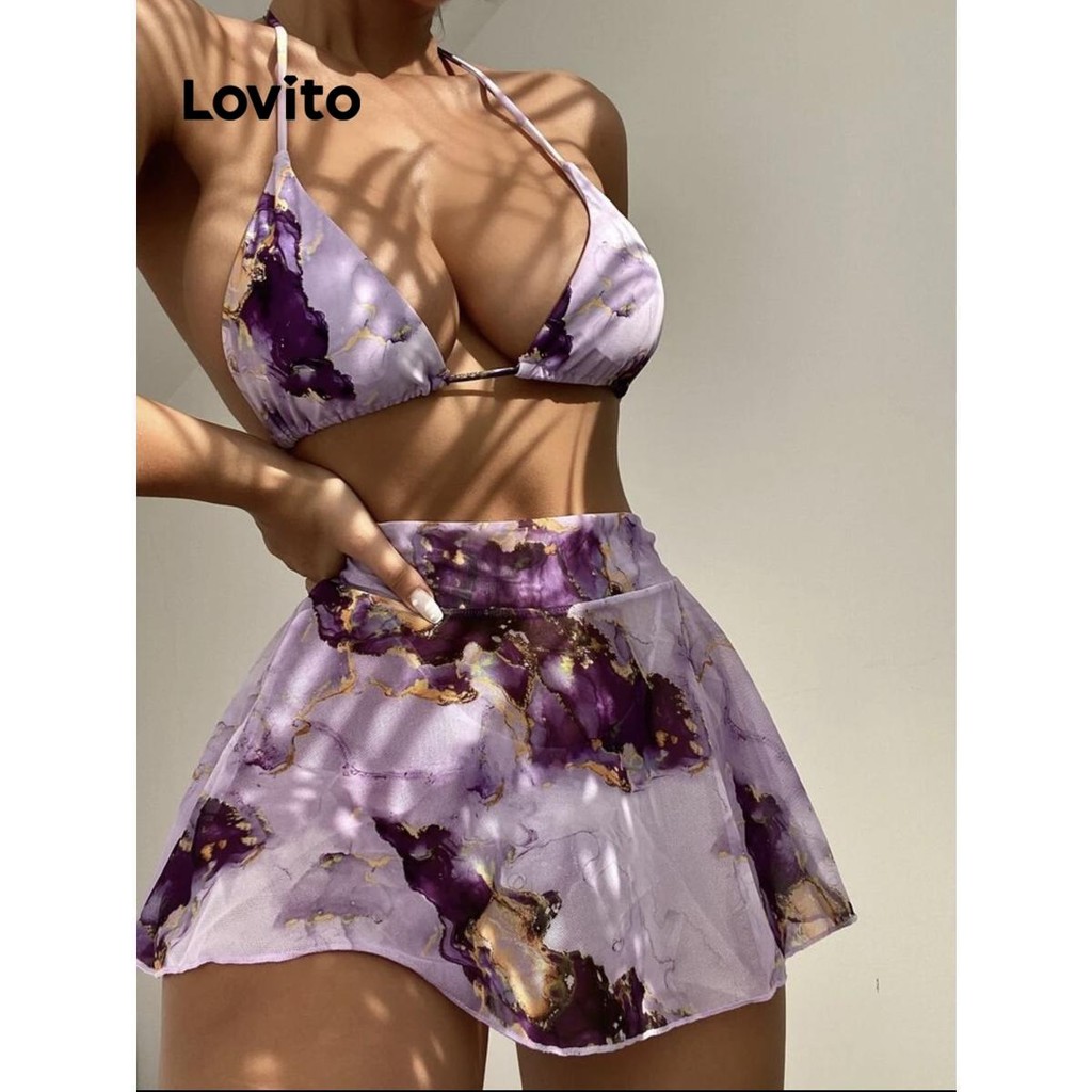 Lovito ชุดบิกินี่พิมพ์หินอ่อนหรูหราสำหรับผู้หญิง LNL74187